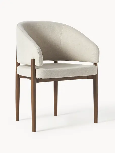 Chaise à accoudoirs en bois avec assise rembourrée Nemo, Tissu beige, bois de frêne foncé, larg. 63 x haut. 81 cm