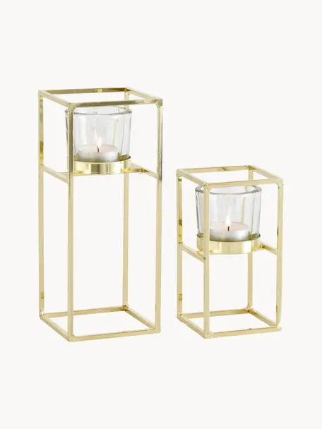 Teelichthalter-Set Tonia, 2er-Set, Windlicht: Glas, Gestell: Metall, beschichtet, Goldfarben, Set mit verschiedenen Grössen