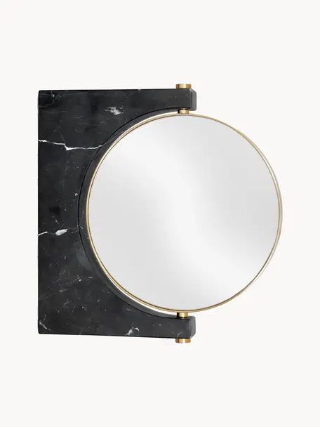 Okrúhle nástenné kozmetické zrkadlo z mramoru Pepe, Čierna mramorovaná, mosadzná, Š 25 x V 25 cm