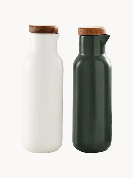 Azijn- en olie-dispenser Essentials van porselein en acaciahout, set van 2, Gebroken wit, antraciet, glanzend, Ø 6 x H 18 cm