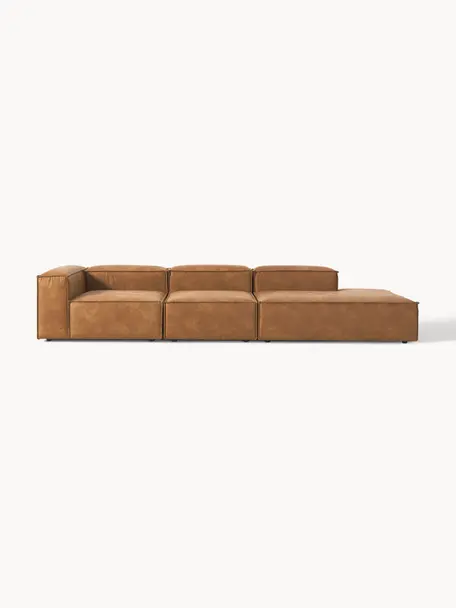 Diván modular grande de cuero reciclado Lennon, Tapizado: cuero reciclado (70% cuer, Estructura: madera maciza, madera con, Patas: plástico Este producto es, Cuero marrón, An 357 x F 119 cm, reposabrazos izquierdo