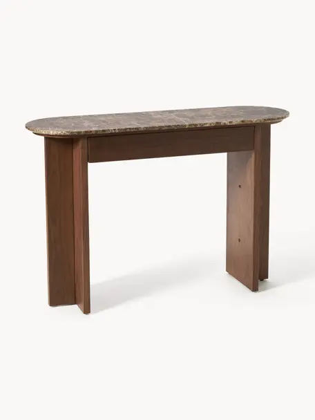 Console en bois avec plateau en marbre Zumi, Noyer laqué, brun marbré, larg. 120 x haut. 80 cm