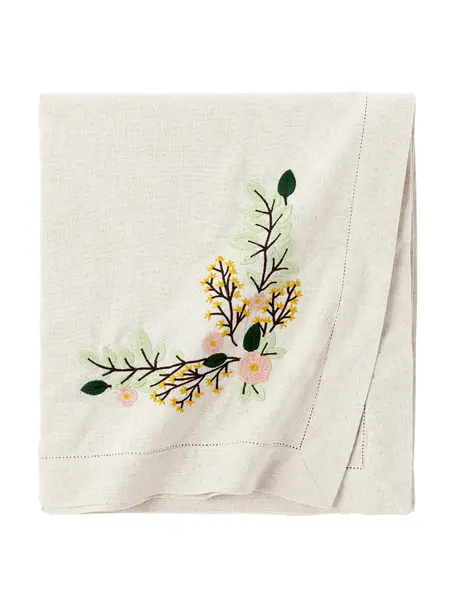 Mantel bordado Argo, 75% algodón, 25% lino, Beige claro con motivo floral, De 6 a 8 comensales (L 240 x An 140 cm)