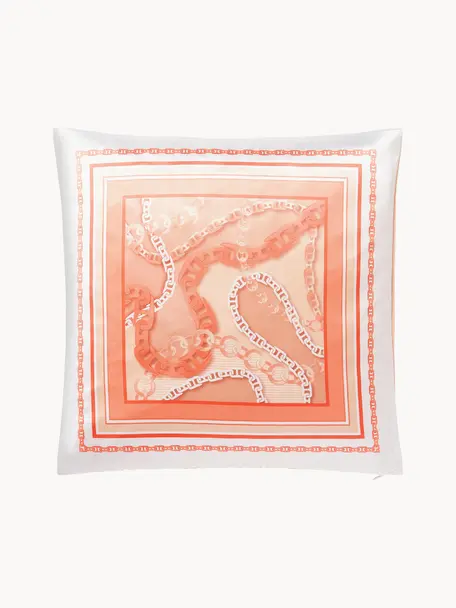 Kussenhoes Chiarina in zijdelook met kettingprint, 100% polyester, Wit, koraalkleurig, B 45 x L 45 cm