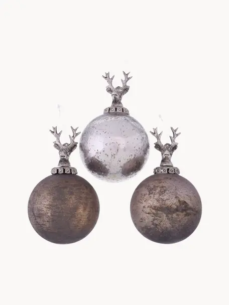 Handgefertigtes Weihnachtskugeln-Set Sainte, 3-tlg., Grau, Braun, Silberfarben, Ø 10 x H 10 cm