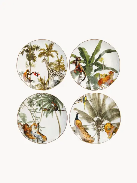 Ontbijtborden Animaux en tropische motieven, set van 4, Porselein, Meerkleurig, Ø 20 cm