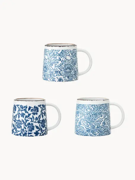 Handgemachte Tassen Molly mit Blumenmuster, 3er-Set, Steingut, Weiß, Blautöne, Ø 10 x H 10 cm, 400 ml
