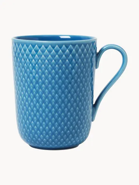 Tazza in porcellana con motivo a rilievo Rhombe, Porcellana, Blu navy, Ø 9 x Alt. 11 cm, 330 ml