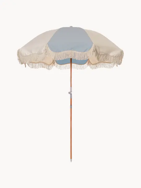 Parasol Retro met franjes, knikbaar, Frame: gelamineerd hout, Franjes: katoen, Lichtblauw, crèmewit, Ø 180 x H 230 cm