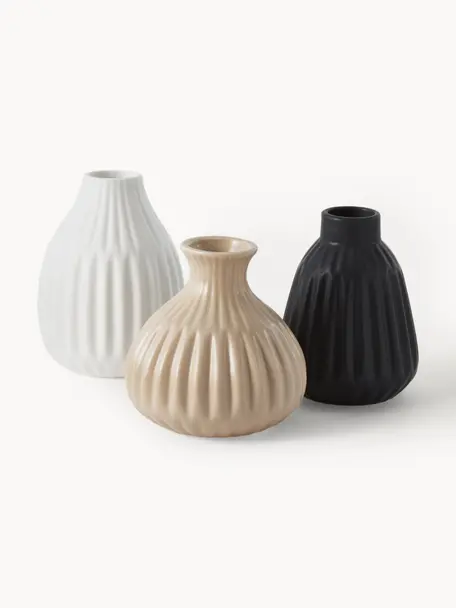 Vasen Palo aus Porzellan, 3er-Set, Porzellan, Schwarz, Beige, Weiß, Set mit verschiedenen Größen