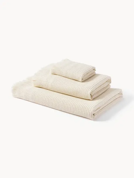 Set 3 asciugamani in piquÃ© waffle Yara, Beige chiaro, Set da 3 (asciugamano ospite, asciugamano e telo bagno)