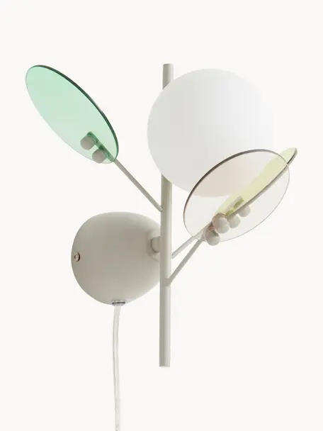Design wandlamp Petal met stekker, Lampenkap: opaalglas, Decoratie: glas, Lichtbeige, groentinten, transparant, D 28 x H 25 cm