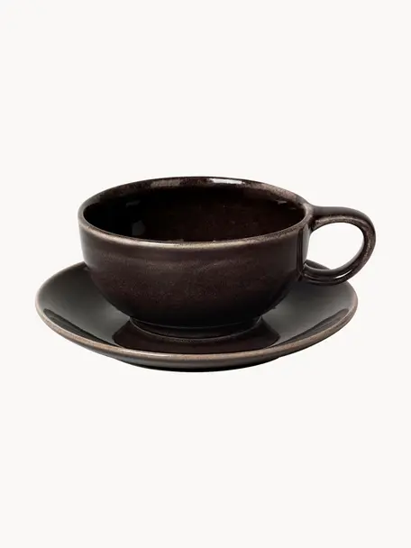 Tasse avec sous-tasse artisanale Nordic Coal, Grès cérame, Noir, chiné, Ø 11 x haut. 5 cm, 250 ml