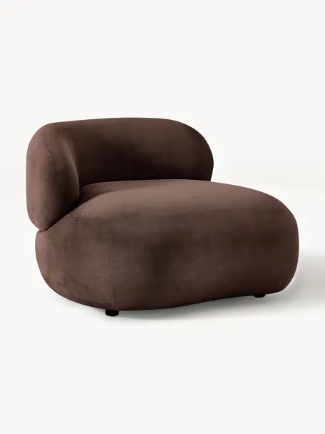 Niervormige loungefauteuil Alba, Bekleding: 97% polyester, 3% nylon M, Frame: massief sparrenhout, berk, Poten: kunststof Het materiaal d, Geweven stof donkerbruin, B 102 x D 89 cm, rugleuning links