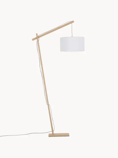 Lámpara de pie escandinava Woody, Pantalla: poliéster, algodón, Cable: cubierto en tela, Madera clara, blanco, Al 166 cm