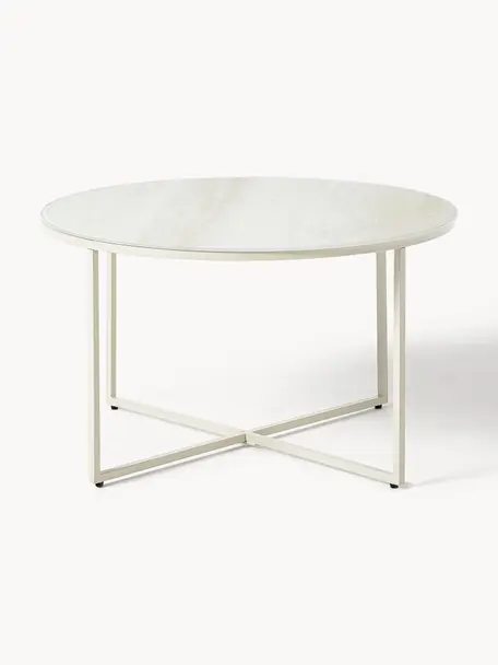 Kulatý konferenční stolek s mramorovou skleněnou deskou Antigua, Travertinový vzhled, béžová, Ø 80 cm