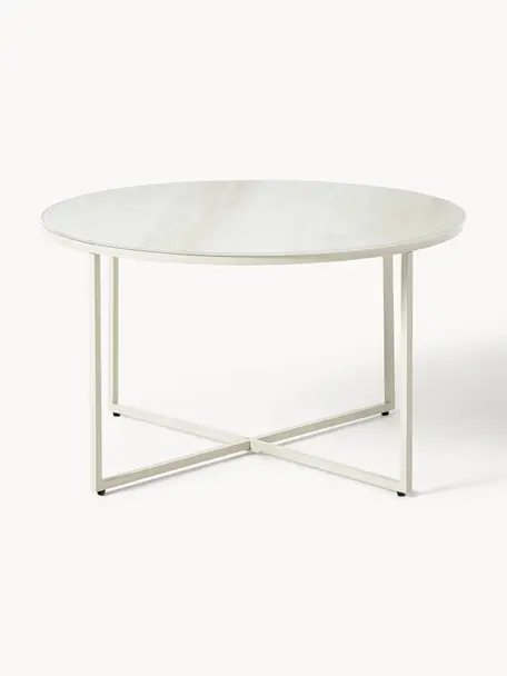 Tavolino rotondo da salotto con piano in vetro effetto marmo Antigua, Struttura: acciaio verniciato a polv, Effetto travertino beige, beige chiaro opaco, Ø 80 cm
