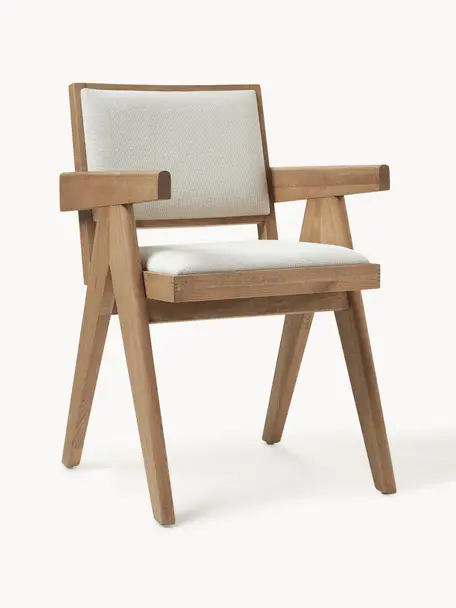 Chaise rembourrée en bois Sissi, Tissu blanc crème, bois de chêne clair, larg. 58 x prof. 52 cm