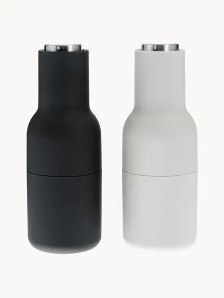 Salero y pimentero de diseño Bottle Grinder, 2 uds., Estructura: plástico, Grinder: cerámica, Gris antracita, blanco, plateado, Ø 8 x Al 21 cm