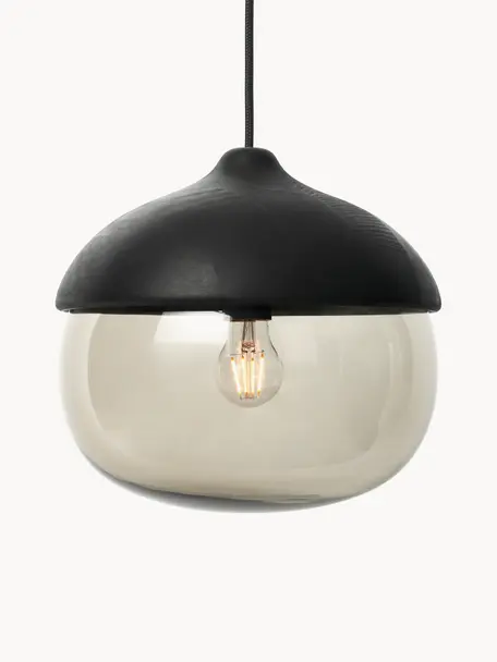 Hanglamp Terho in de eikelvorm, mondgeblazen, Zwart, greige, Ø 31 x H 30 cm