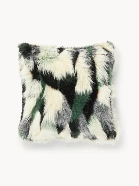 Housse de coussin 45x45 en fourrure synthétique Nella, 80 % polyacrylique, 20 % polyester, certifié GRS, Vert, noir, blanc cassé, larg. 45 x long. 45 cm