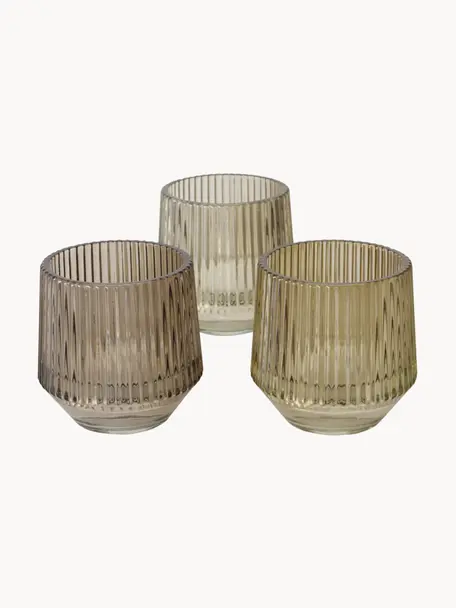 Glas-Windlichter Tiago mit Rillenrelief, 3er-Set, Glas, Beigetöne, Ø 8 x H 8 cm