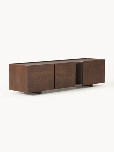 Tv-meubel Larsen van hout, Frame: spaanplaat met eikenhoutf, Poten: massief eikenhout Dit pro, Eikenhout, donkerbruin gelakt, B 160 x H 42 cm