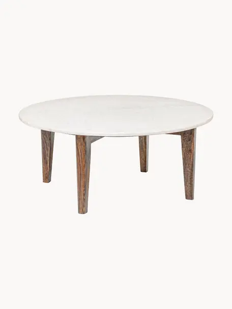Runder Couchtisch Sylvester mit Marmorplatte, Tischplatte: Marmor, Beine: Mangoholz, Weiß marmoriert, Mangoholz, Ø 75 cm