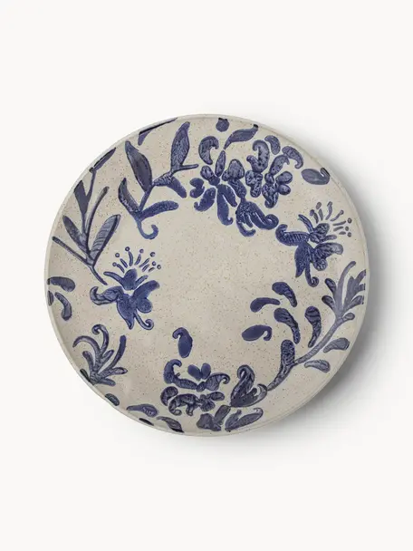 Handbeschilderde ontbijtborden Petunia met bloemmotief, 6 stuks, Keramiek, Lichtbeige, blauw, gespikkeld, Ø 19 cm