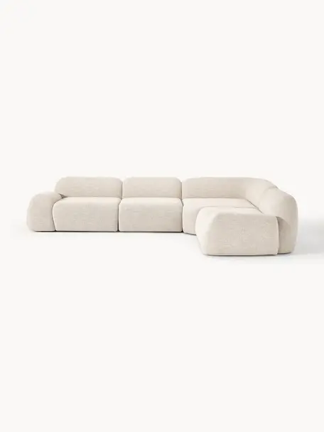 Narożna sofa modułowa (4-osobowa) Bouclé Wolke, Tapicerka: Bouclé (96% poliester, 4%, Stelaż: drewno sosnowe, drewno św, Nogi: tworzywo sztuczne Ten pro, Jasnobeżowy Bouclé, S 349 x G 262 cm