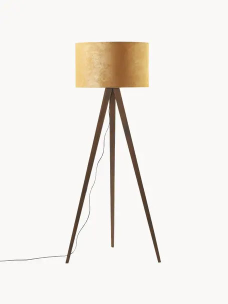 Stojací stativová lampa z masivního dřeva se sametovým stínidlem Jake, skandi styl, Žlutá, Ø 60 cm, V 150 cm