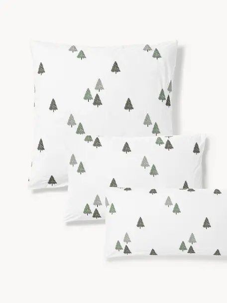 Taie d'oreiller en percale de coton avec sapins Darina, Blanc, vert, gris, larg. 50 x long. 70 cm