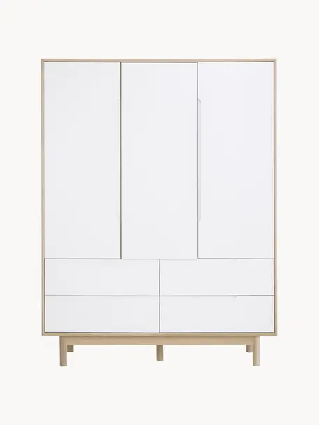 Kleiderschrank Cassy, 3-türig, Beine: Eichenholz, massiv, Helles Holz, Weiss, B 148 x H 195 cm