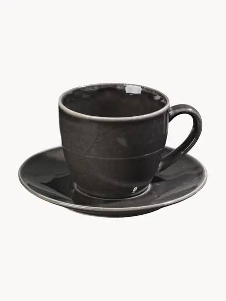Tasses à café avec sous-tasses artisanales Nordic Coal, Grès cérame, Noir, Ø 8 x haut. 9 cm, 150 ml