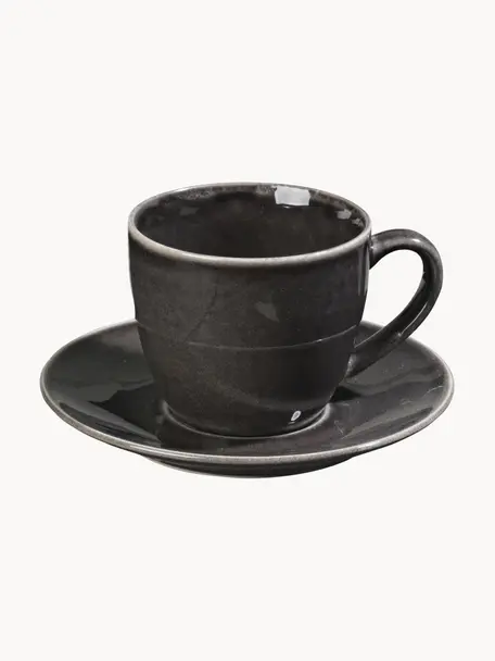 Handgemachte Kaffetasse Nordic Coal mit Untertasse, Steingut, Schwarz, gesprenkelt, Ø 8 x H 9 cm, 150 ml