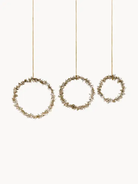 Decoratieve hangersset Laurel, 3-delig, Polystyreen, kunststof, metaal, hout, Goudkleurig, Set met verschillende formaten