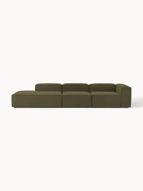 Chaise longue componibile XL in bouclé Lennon, Rivestimento: bouclé (100% poliestere) , Struttura: legno di pino massiccio, , Piedini: plastica Questo prodotto , Bouclé verde oliva, Larg. 357 x Prof. 119 cm, schienale a destra