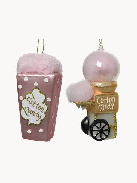 Décoration de sapin de Noël Cotton Candy, 2 élém., Verre, Rose, doré, larg. 8 x haut. 14 cm