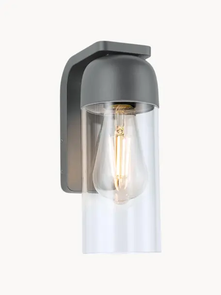 Outdoor wandlamp Lantea met glazen lampenkap, Lampenkap: glas, Fitting: gecoat aluminium, Transparant, grijs, B 9 x H 24 cm