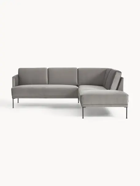 Samt-Ecksofa Fluente, Bezug: Samt (Hochwertiger Polyes, Gestell: Massives Kiefernholz, Füße: Metall, pulverbeschichtet, Samt Grau, B 221 x T 200 cm, Eckteil rechts