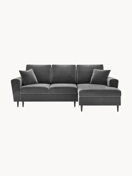 Canapé d'angle 3 places en velours avec fonction lit et rangement Moghan, Velours gris, noir, larg. 241 x prof. 145 cm, méridienne à gauche