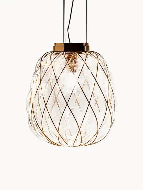 Handgemaakte hanglamp Pinecone, Lampenkap: glas, gegalvaniseerd meta, Decoratie: gegalvaniseerd metaal, Transparant, goudkleurig, Ø 30 x H 250 cm