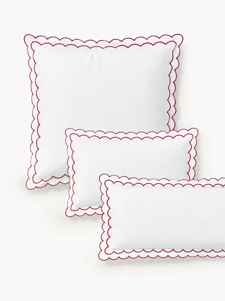 Taie d'oreiller en percale de coton avec ourlet ondulé Atina, Blanc, rouge, larg. 50 x long. 70 cm