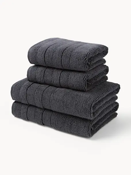 Lot de serviettes de bain avec bordure décorative Luxe, set de tailles variées, Anthracite, 3 éléments (1 serviette invité, 1 serviette de toilette et 1 drap de bain)