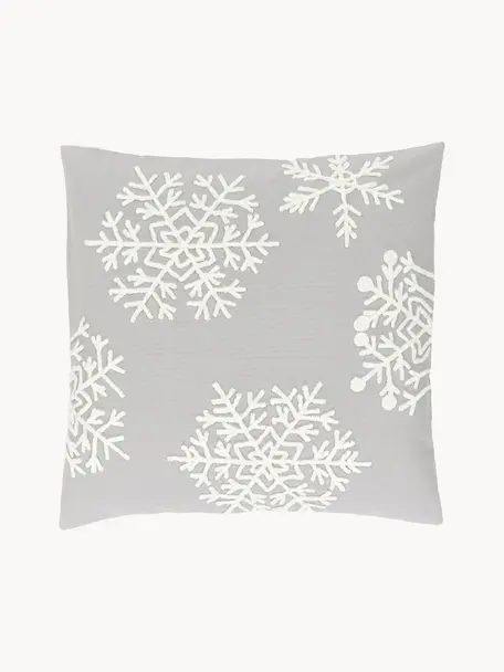 Funda de cojín bordada Snowflake, 100% algodón, Gris, An 45 x L 45 cm