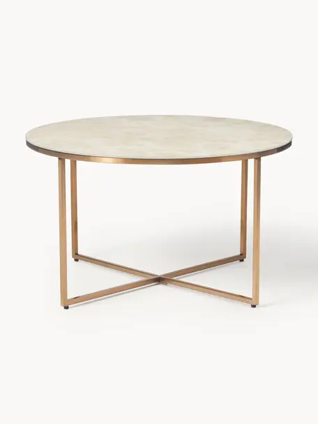 Table basse ronde look marbre Antigua, Beige aspect marbre, cadre or laiton mat, Ø 80 cm