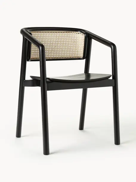 Silla con reposabrazos con tejido vienés Gali, Estructura: madera de fresno maciza c, Asiento: contrachapado de madera d, Negro, beige, An 56 x F 55 cm