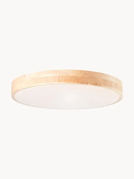 Plafón LED de madera Slimline, con mando a distancia, Pantalla: madera, Estructura: metal recubierto, Marrón, blanco, Ø 49 x Al 9 cm