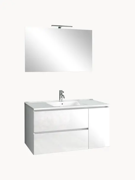 Set lavabo Flam 4 pz, Lampada: alluminio, rivestito, Superficie dello specchio: vetro a specchio, Bianco, Set in varie misure