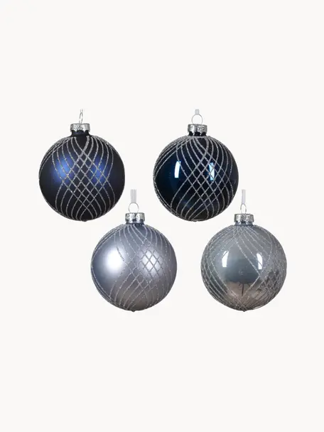 Boules de Noël Stripe, 12 élém., Verre, Bleu foncé, argenté, Ø 8 cm